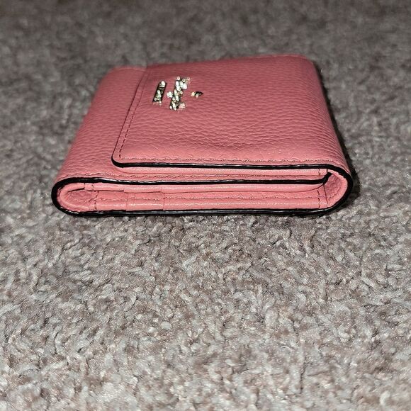 Kate Spade Pebbled Leather Trifold Coral Pink Salmon Wallet w Striped Lining - Picture 7 of 16